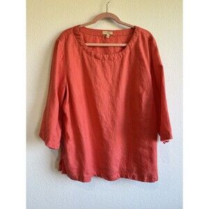 Choices Woman Coral 3/4 Sleeve Round Neck Linen Blouse Side Slit Beachy 3X